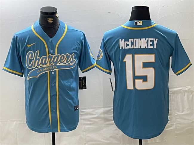 Mens Los Angeles Chargers #15 Ladd McConkey Blue Cool Base Stitched Baseball Jersey